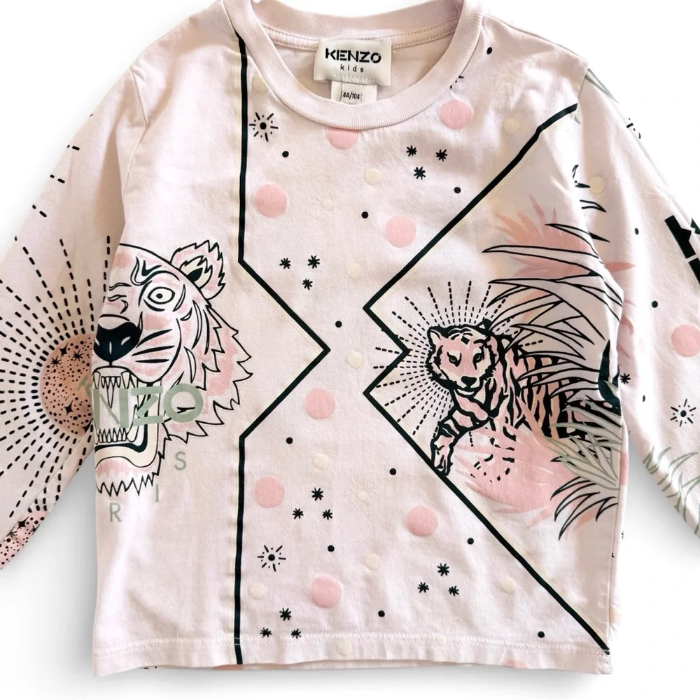 Kenzo Kids Tiger Jungle Graphic Long Sleeve Tee Pink Girls 4 104 Designer Top 4A
